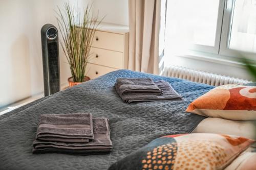 a bed with two towels on top of it at Stephansdom View Big Apartment I Self-Checkin in Vienna