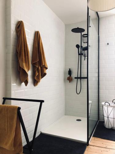 une salle de bain avec une douche avec une porte vitrée dans l'établissement La Maison des Vignes - Terrasse & balcon, à Morlaix