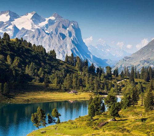 a mountain range with a lake in the foreground at My Chalet in Meiringen