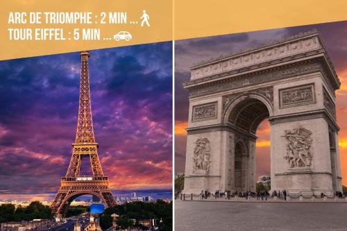 deux photographies de la tour eiffel au coucher du soleil dans l'établissement Champs Elysée Prestige Apartment, à Paris