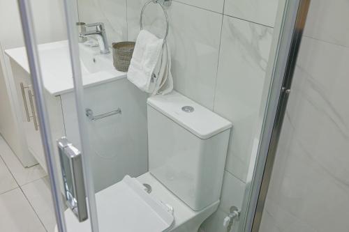 a bathroom with a shower and a toilet and a sink at Ολυμπία in Xanthi