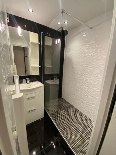 une salle de bain avec une douche, des toilettes et un lavabo dans l'établissement Chez Olga&Seb, à Huez