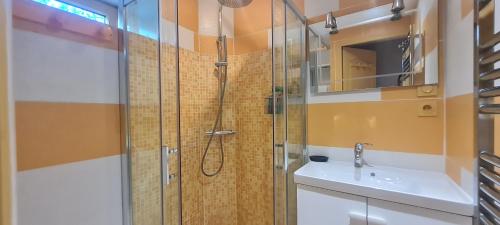 une salle de bain avec douche et lavabo dans l'établissement CHALET COOP - A - 10 pers, à Le Freney-dʼOisans