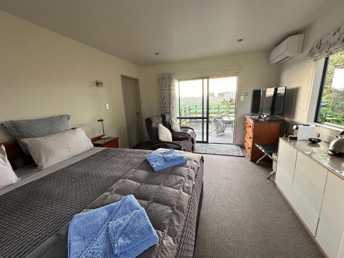 a bedroom with a bed and a television and a balcony at Bluebell Lodge and Cottage in Havelock North