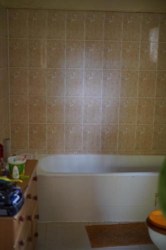 a bathroom with a tub and a tiled wall at Dafa Tanga Lodge in Sanyang