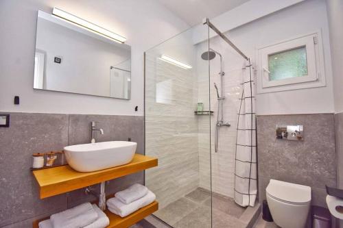 a bathroom with a sink and a glass shower at Casa Campagnolo in Corfu