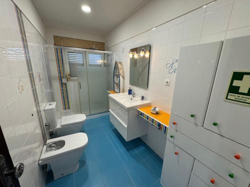 a bathroom with a toilet and a sink and a mirror at Apartamento Santa Cruz in Santa Cruz