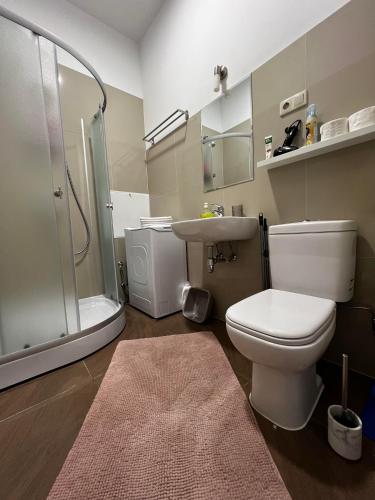 a bathroom with a toilet and a sink and a shower at CHERRY apartment in Riga
