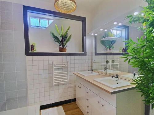 une salle de bain avec deux lavabos et un grand miroir dans l'établissement Maison des chalets, 4ch, 8p - Angers -CHU, à Angers
