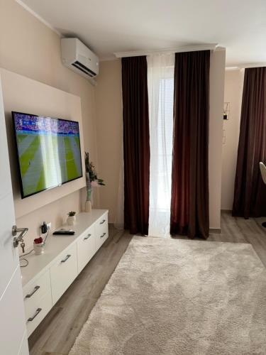Una sala de estar con un televisor de pantalla plana en una pared. en Lux Apartment DC, en Novi Sad