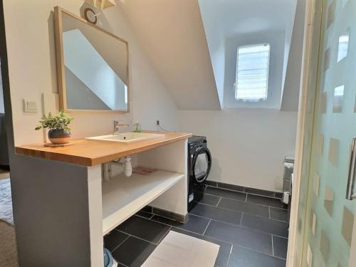 une salle de bain avec un lavabo et une machine à laver dans l'établissement Confort et convivialité au rendez-vous, Centre Angers-Musset, à Angers