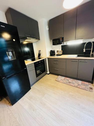 Il comprend une cuisine équipée d'un réfrigérateur noir et de placards gris. dans l'établissement Cosy flat with garden, close to Paris and metro station, à Romainville