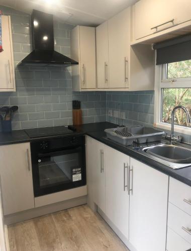 a kitchen with white cabinets and a sink and a stove at The Art Studio Arran in Isle of Arran