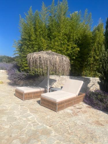 two lounge chairs under an umbrella on a patio at Shangri-La in Meganisi