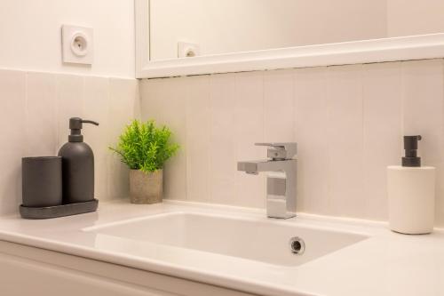 - un lavabo dans la salle de bains avec un distributeur de savon et une bouteille dans l'établissement Magnifique T3 Rénové et lumineux, à Aix-en-Provence