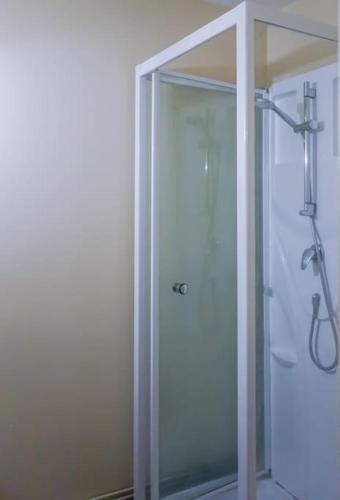 une douche avec une porte vitrée dans une salle de bain dans l'établissement Doux Refuge - Au cœur de Paris, à Paris