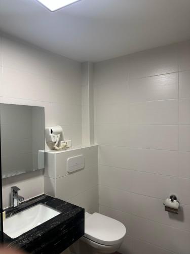 a white bathroom with a toilet and a sink at hotel whiteswan in Ehnen
