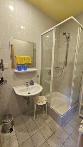 a bathroom with a sink and a shower at Pension An der Erzgebirgsbahn in Kurort Oberwiesenthal