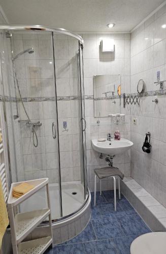a bathroom with a shower and a sink at Pension An der Erzgebirgsbahn in Kurort Oberwiesenthal
