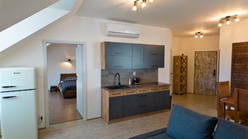 a kitchen with a sink and a refrigerator in a room at Apartman Vulcano in Zvolen