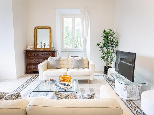 salon z kanapą i telewizorem w obiekcie Domus Lago Rome w mieście Castel Gandolfo