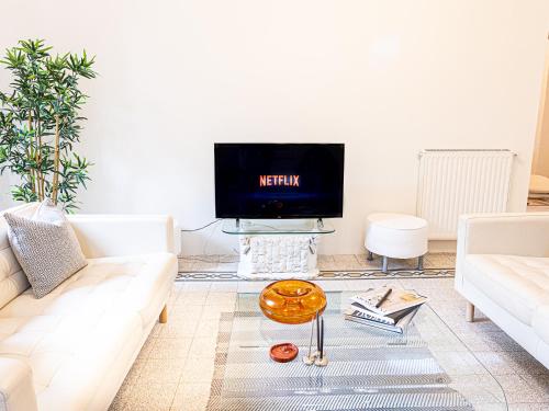 salon z białą kanapą i telewizorem w obiekcie Domus Lago Rome w mieście Castel Gandolfo
