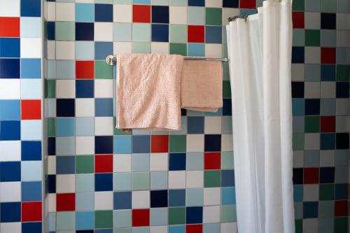 a bathroom with a shower curtain and a towel at ResArt Traditional House in Nicosia