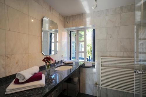 a bathroom with a sink and a mirror and a shower at Ferienwohnung Vidja in Osterby
