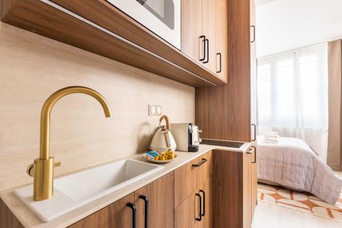 une cuisine avec un évier et un sinkiterator dans l'établissement Résidence Port Royal - Jardin du Luxembourg, à Paris