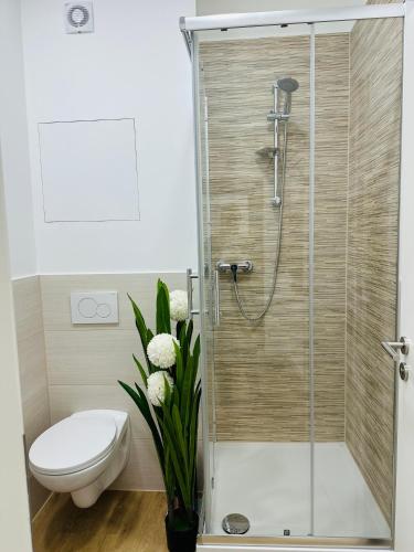 a bathroom with a shower with a toilet and a vase of flowers at Doppelzimmer 4 in Pulheim