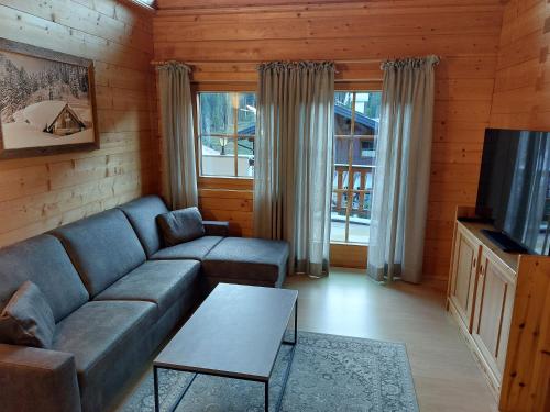 a living room with a couch and a tv at Landhaus Stiegler in Untertauern