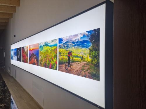 a row of pictures hanging on a wall in an art gallery at Titi House Borsa in Borsa