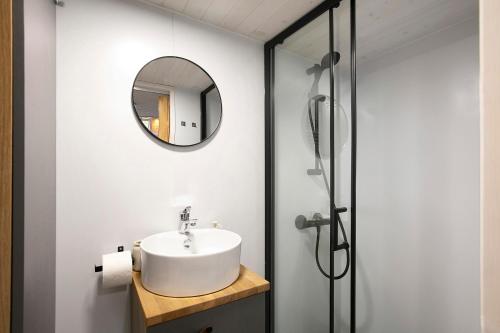 a bathroom with a sink and a mirror at Tiny House Nr 5 in Schwielowsee