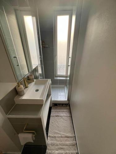 une salle de bain avec un lavabo, un miroir et une fenêtre dans l'établissement Very cosy flat center of Montmartre, à Paris