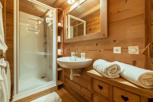 a bathroom with a sink and a shower at Chalet Le Moulin des Neiges - Solliet in Montvalezan
