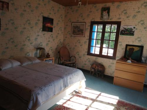 une chambre avec un lit et une fenêtre dans l'établissement Maison de ville avec jardin, à Saujon