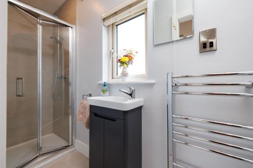 a bathroom with a sink and a shower at Stoneyford Luxurious Cabins in Stonyford