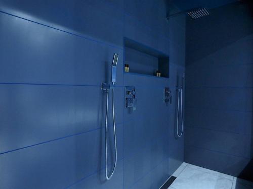 a bathroom with a shower with blue walls at La Suite - Loft Spa in Tavernes