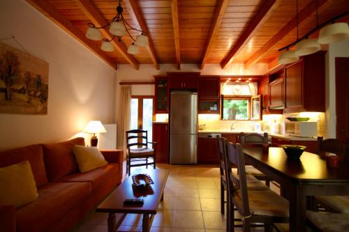 a living room and kitchen with a couch and a table at 7hills Waterfall Lodge by Ski Alure in Eptalofos
