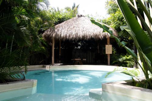 a swimming pool with a straw umbrella and a table at HiddenPort VHouse in Brisas de Zicatela