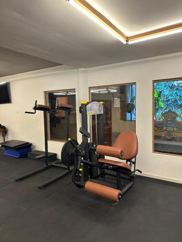a room with a gym with a treadmill and a chair at Hotel Fazenda Vilarejo All Inclusive in Conservatória