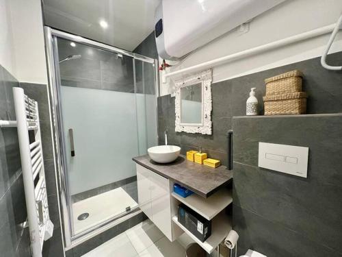 une salle de bain avec un lavabo et une douche en verre dans l'établissement Jardins de Versailles - Le Mythique - 16C, à Versailles