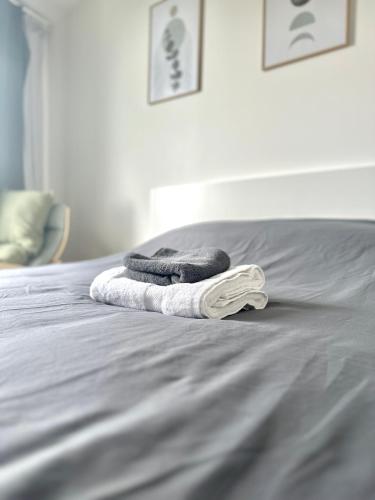 une paire de serviettes assises au-dessus d'un lit dans l'établissement Home in Poniatowski near Vincennes Forest, à Paris