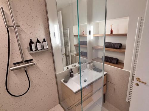 une salle de bain avec un lavabo et une douche en verre dans l'établissement Ze Perfect Place - Splendide Appart 2 Chb Garibaldi, à Nice