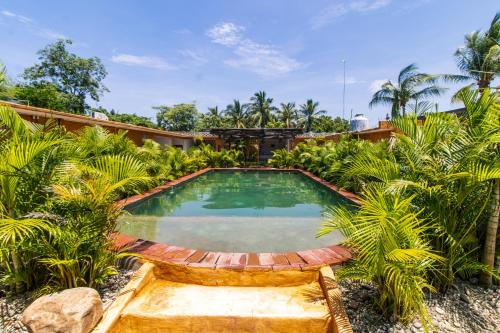 a swimming pool in a garden with palm trees at Casa Melrose in Puerto Escondido