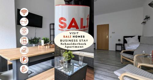a room with a sell sign and a dining room at Sali-Homes Boarding Haus Monteur-Wohnungen Balkon Vollküche Autobahnähe in Markranstädt
