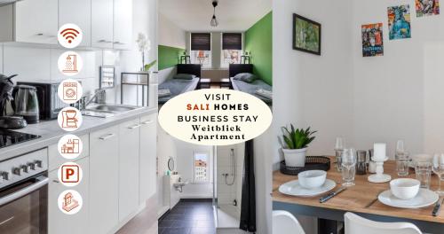 a kitchen with a table with a sign that reads visit salt homes business stay vault at Sali-Homes Boarding Haus Monteur-Wohnungen Balkon Vollküche Autobahnähe in Markranstädt