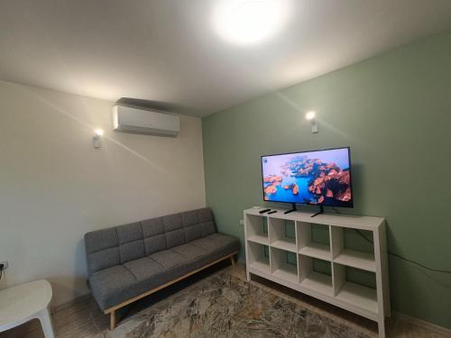a living room with a couch and a flat screen tv at Black Sea Villa in Varna City