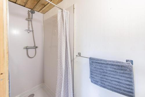 a bathroom with a shower with a blue towel at Double Decker Bus on an Alpaca farm sleeps 8, 5 mins drive to Dartmoor in Bovey Tracey