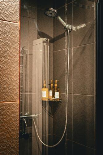 a bathroom with a shower with bottles on a shelf at ARTHUR Apartment in Sinaia